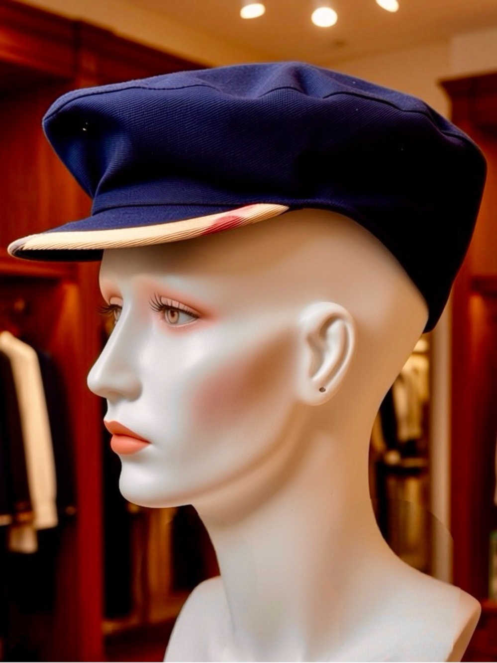 Navy Sailor Cap with Plaid Brim Med-Large fit